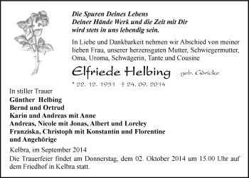 Traueranzeige von Elfriede Helbing von Mitteldeutsche Zeitung Sangerhausen