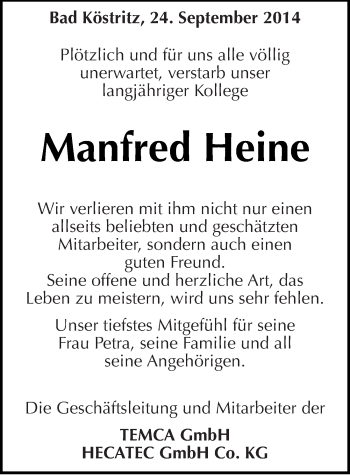Traueranzeige von Manfred Heine von Mitteldeutsche Zeitung Naumburg/Nebra