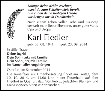 Traueranzeige von Karl Fiedler von Mitteldeutsche Zeitung Merseburg/Querfurt