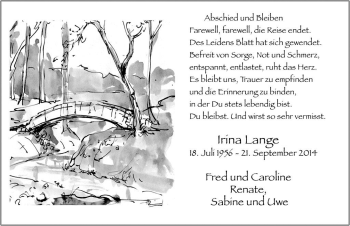 Traueranzeige von Irina Lange von Mitteldeutsche Zeitung Dessau-Roßlau