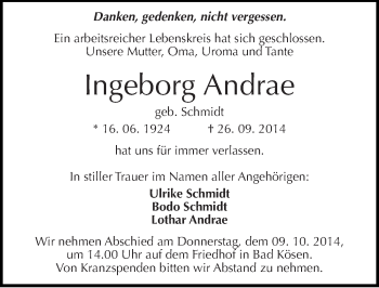 Traueranzeige von Ingeborg Andrae von Mitteldeutsche Zeitung Naumburg/Nebra