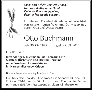 Traueranzeige von Otto Buchmann von Mitteldeutsche Zeitung Mansfelder Land