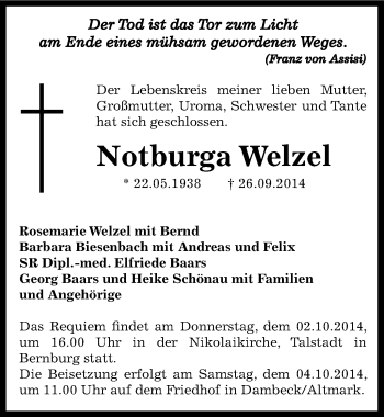 Traueranzeige von Notburga Welzel von Mitteldeutsche Zeitung Bernburg