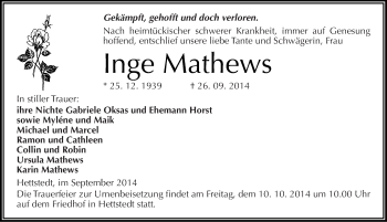 Traueranzeige von Inge Mathews von Mitteldeutsche Zeitung Mansfelder Land