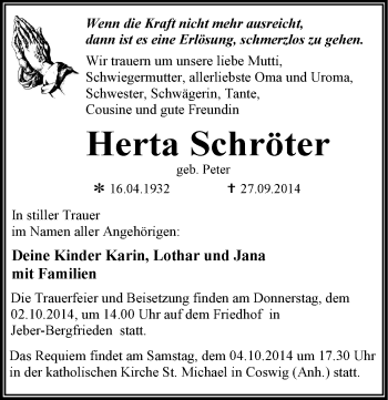 Traueranzeige von Herta Schröter von Mitteldeutsche Zeitung