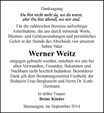 Traueranzeige von Werner Weitz von Mitteldeutsche Zeitung Sangerhausen
