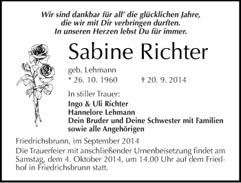 Traueranzeige von Sabine Richter von Mitteldeutsche Zeitung Quedlinburg