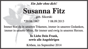 Traueranzeige von Susanna Fitz von Super Sonntag Dessau / Köthen