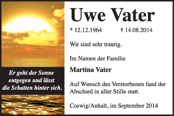 Traueranzeige von Uwe Vater von Super Sonntag Wittenberg
