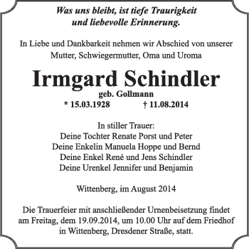 Traueranzeige von Irmgard Schindler von WVG - Wochenspiegel Wittenberg