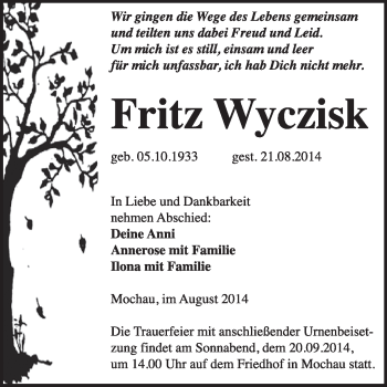 Traueranzeige von Fritz Wyczisk von WVG - Wochenspiegel Wittenberg
