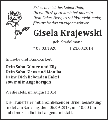 Traueranzeige von Gisela Krajewski von WVG - Wochenspiegel NMB / WSF / ZTZ