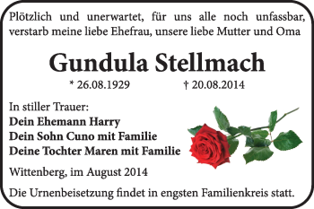 Traueranzeige von Gundula Stellmach von WVG - Wochenspiegel Wittenberg