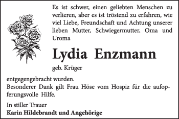 Traueranzeige von Lydia Enzmann von Super Sonntag Wittenberg