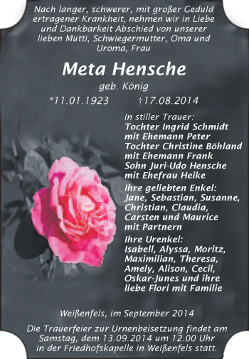 Traueranzeige von Meta Hensche von WVG - Wochenspiegel NMB / WSF / ZTZ
