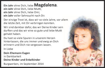 Traueranzeige von Magdalena Czernik von WVG - Wochenspiegel NMB / WSF / ZTZ