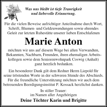 Traueranzeige von Marie Anton von WVG - Wochenspiegel Dessau / Köthen