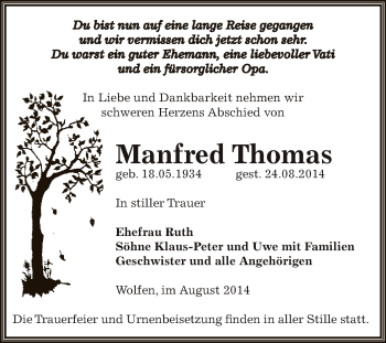 Traueranzeige von Manfred Thomas von WVG - Wochenspiegel Bitterfeld