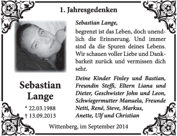 Traueranzeige von Sebastian Lange von Super Sonntag Wittenberg