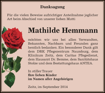 Traueranzeige von Mathilde Hemmann von Super Sonntag Zeitz