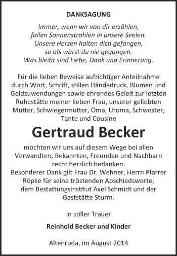 Traueranzeige von Gertraud Becker von WVG - Wochenspiegel NMB / WSF / ZTZ