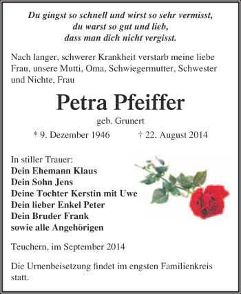 Traueranzeige von Petra Pfeiffer von WVG - Wochenspiegel NMB / WSF / ZTZ