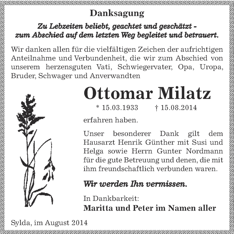  Traueranzeige für Ottomar Milatz vom 03.09.2014 aus Wochenspiegel Mansfelder Land