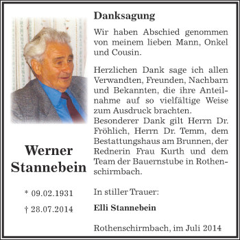 Traueranzeige von Werner Stannebein von Wochenspiegel Mansfelder Land
