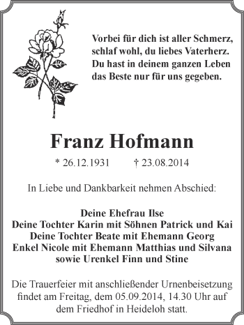 Traueranzeige von Franz Hofmann von WVG - Wochenspiegel Bitterfeld