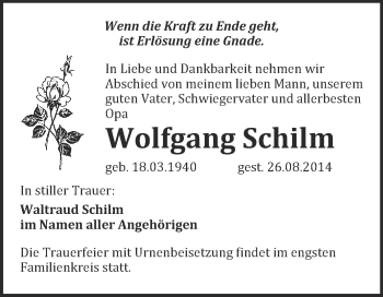 Traueranzeige von Wolfgang Schilm von WVG - Wochenspiegel NMB / WSF / ZTZ