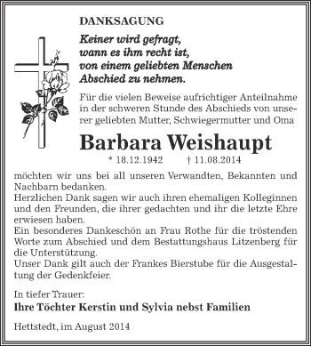 Traueranzeige von Barbara Weishaupt von Wochenspiegel Mansfelder Land