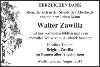 Traueranzeige von Walter Zawilla von WVG - Wochenspiegel NMB / WSF / ZTZ