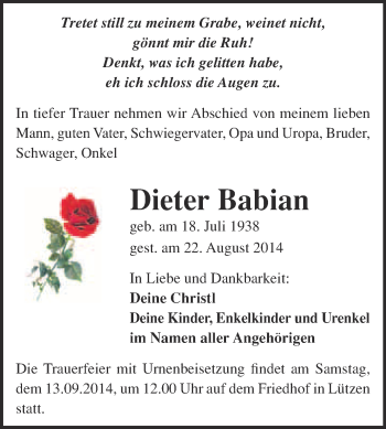 Traueranzeige von Dieter Babian von WVG - Wochenspiegel NMB / WSF / ZTZ