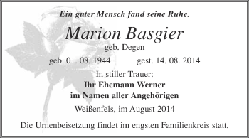 Traueranzeige von Marion Basgier von WVG - Wochenspiegel NMB / WSF / ZTZ