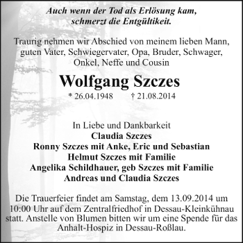 Traueranzeige von Wolfgang Szczes von Super Sonntag Dessau / Köthen