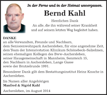 Traueranzeige von Bernd Kahl von WVG - Wochenspiegel Aschersleben
