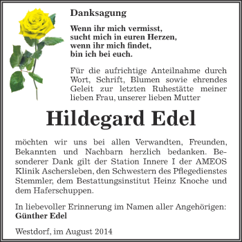 Traueranzeige von Hildegard Edel von WVG - Wochenspiegel Aschersleben