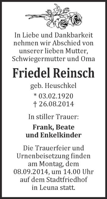 Traueranzeige von Friedel Reinsch von WVG - Wochenspiegel Merseburg