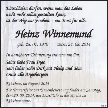 Traueranzeige von Heinz Winnemund von WVG - Wochenspiegel NMB / WSF / ZTZ