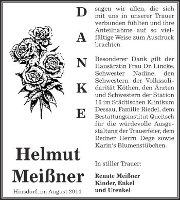 Traueranzeige von Helmut Meißner von WVG - Wochenspiegel Dessau / Köthen
