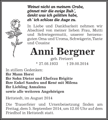 Traueranzeige von Anni Bergner von Wochenspiegel Mansfelder Land