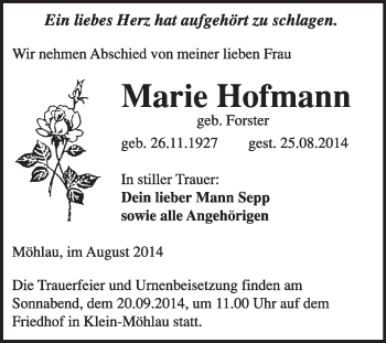 Traueranzeige von Marie Hofmann von WVG - Wochenspiegel Wittenberg
