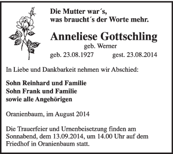 Traueranzeige von Anneliese Gottschling von WVG - Wochenspiegel Wittenberg