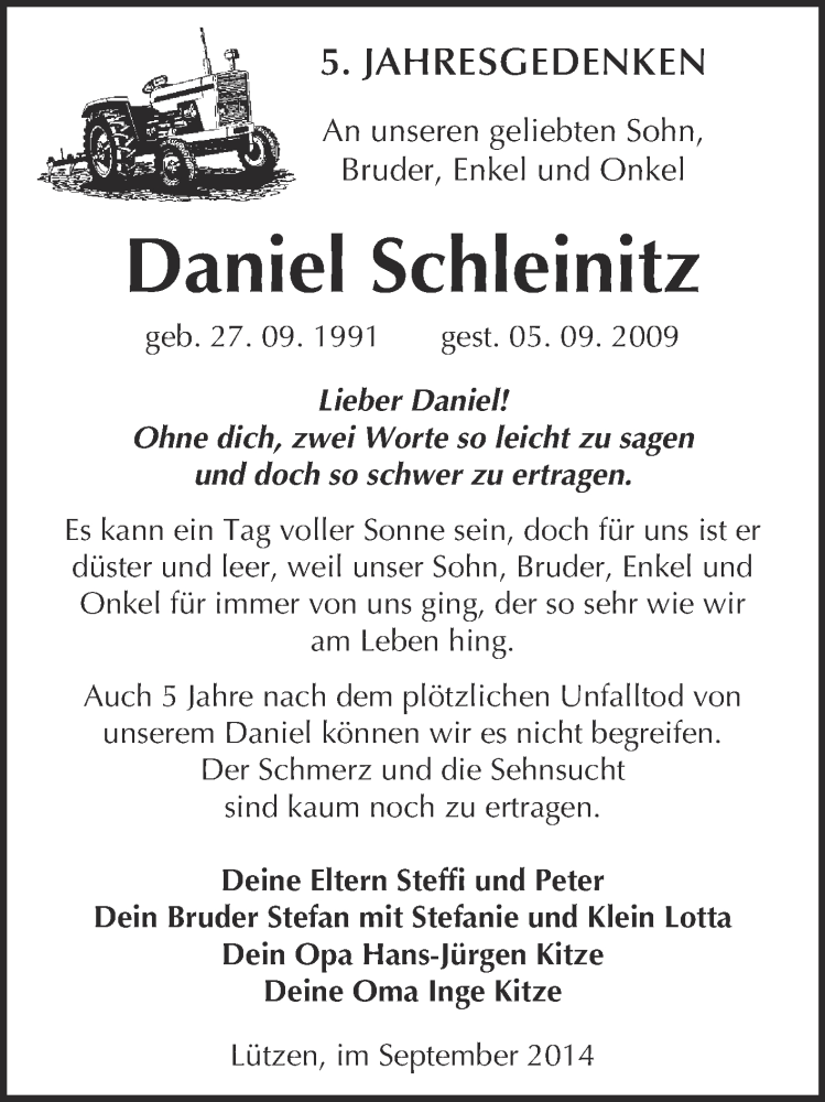  Traueranzeige für Daniel Schleinitz vom 03.09.2014 aus Super Sonntag Merseburg