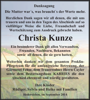 Traueranzeige von Christa Kunze von WVG - Wochenspiegel Quedlinburg