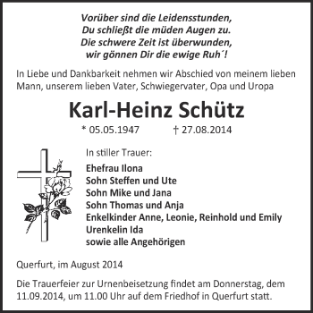 Traueranzeige von Karl-Heinz Schütz von WVG - Wochenspiegel Merseburg