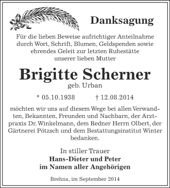 Traueranzeige von Brigitte Scherner von WVG - Wochenspiegel Bitterfeld