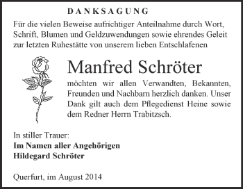 Traueranzeige von Manfred Schröter von WVG - Wochenspiegel Merseburg