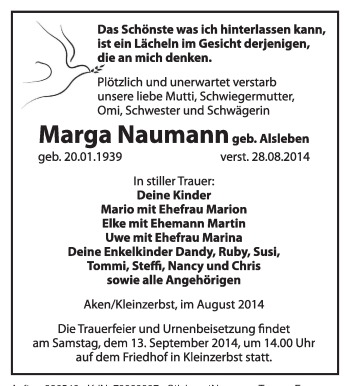 Traueranzeige von Marga Naumann von Super Sonntag Dessau / Köthen