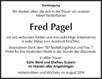 Traueranzeige von Fred Pagel von WVG - Wochenspiegel NMB / WSF / ZTZ